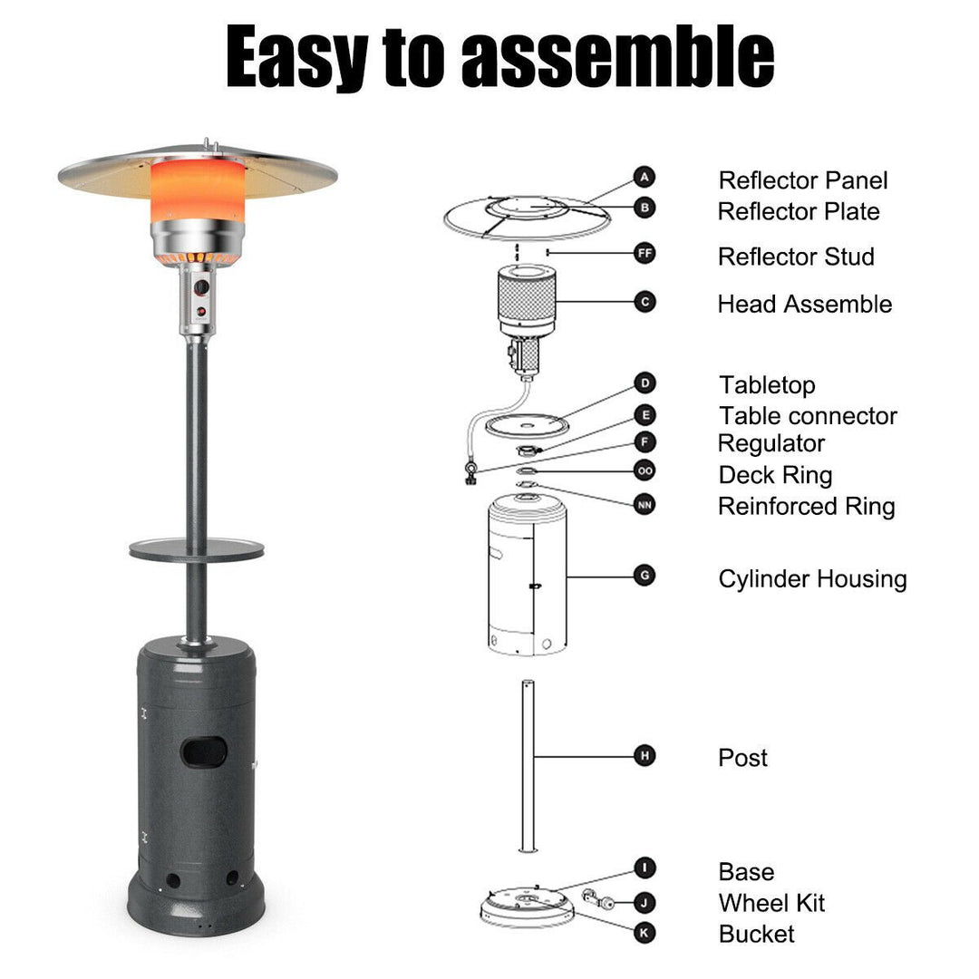 Outdoor Patio Heater Propane Standing LP Gas Steel W/Table and Wheels Grey Image 8