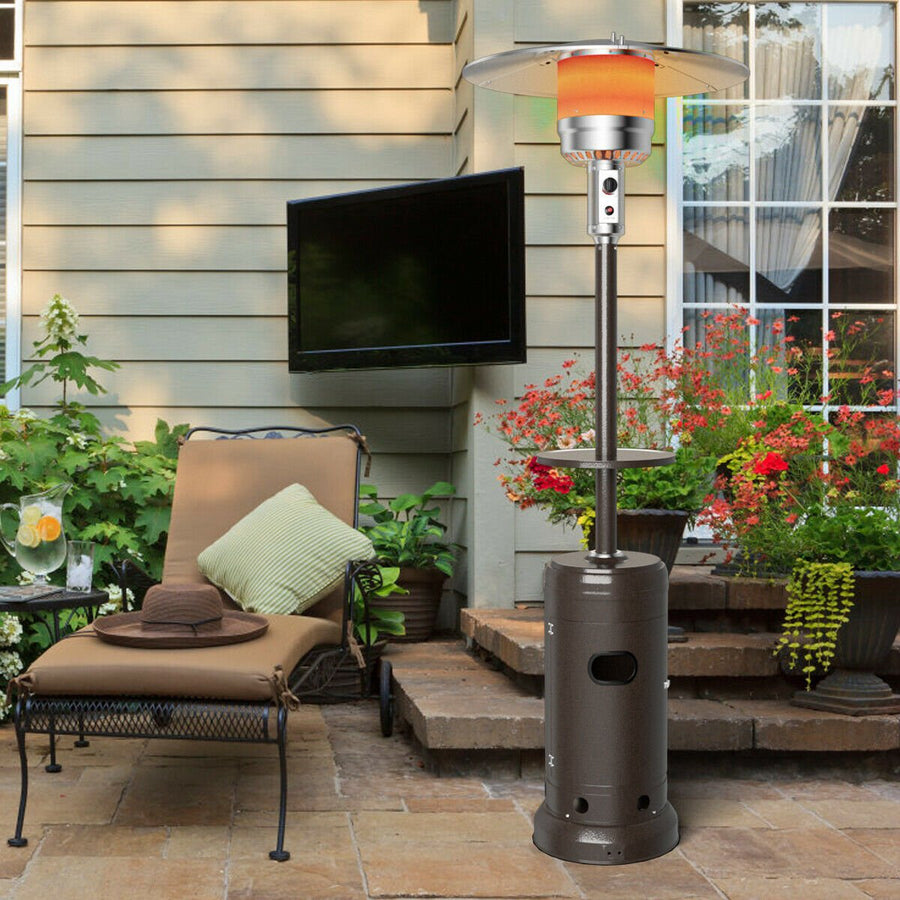 Outdoor Patio Heater Propane Standing LP Gas Steel W/Table and Wheels Bronze Image 1