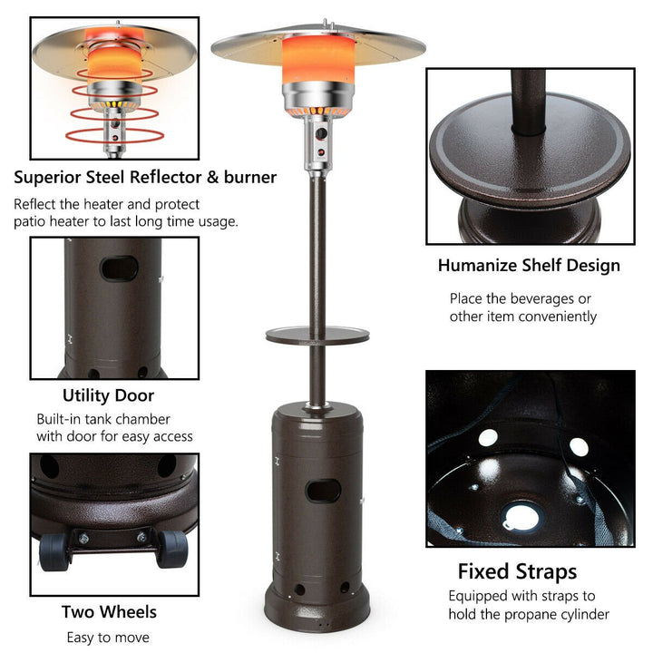 Outdoor Patio Heater Propane Standing LP Gas Steel W/Table and Wheels Bronze Image 4