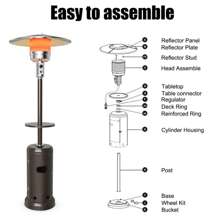 Outdoor Patio Heater Propane Standing LP Gas Steel W/Table and Wheels Bronze Image 6