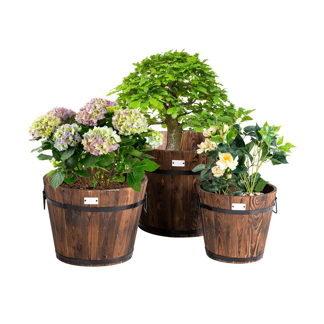 3 pcs Wooden Planter Barrel Set Decorative Flower Bed Multiple Size Image 9