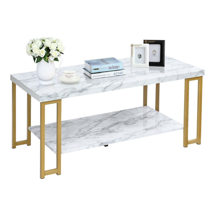 Modern Coffee Table Faux Marble Top Accent Cocktail Table w/ Gold Metal Frame Image 1