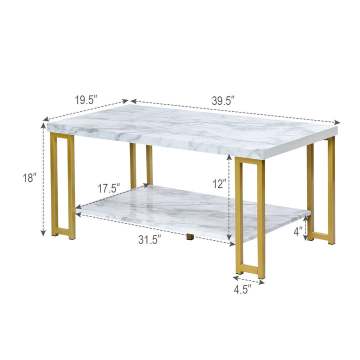 Modern Coffee Table Faux Marble Top Accent Cocktail Table w/ Gold Metal Frame Image 2