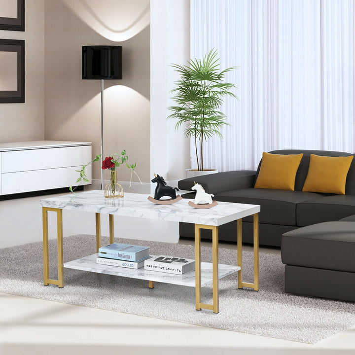 Modern Coffee Table Faux Marble Top Accent Cocktail Table w/ Gold Metal Frame Image 4