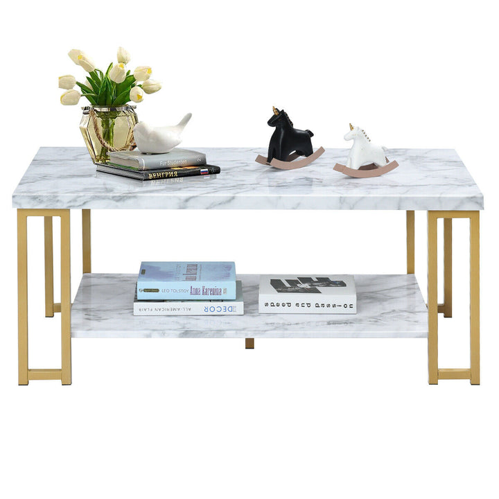 Modern Coffee Table Faux Marble Top Accent Cocktail Table w/ Gold Metal Frame Image 8