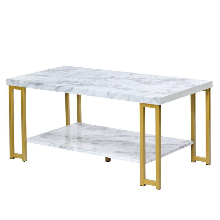 Modern Coffee Table Faux Marble Top Accent Cocktail Table w/ Gold Metal Frame Image 9