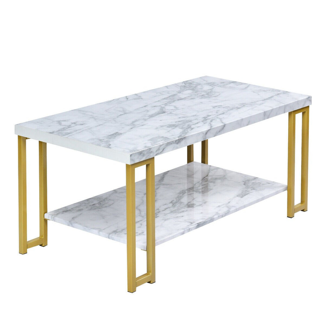 Modern Coffee Table Faux Marble Top Accent Cocktail Table w/ Gold Metal Frame Image 10