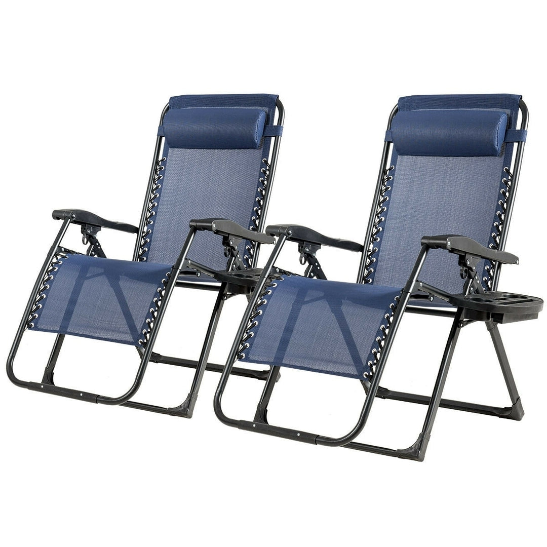 2PCS Folding Zero Gravity Lounge Chair Recliner w/ Cup Holder Pillow Image 11