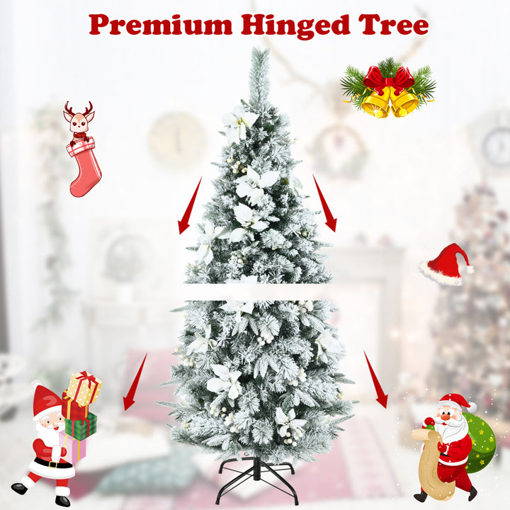 5/6/7/8 FT Artificial Snow Flocked Pencil Christmas Tree w/ White Berries and Flowers Image 2