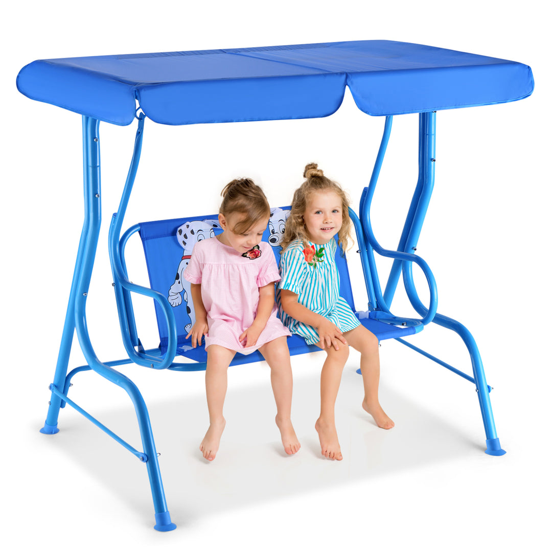 Kids Patio Porch Bench Swing w/ Safety Belt Canopy Outdoor Furniture Blue Image 1