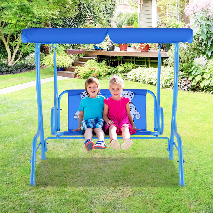 Kids Patio Porch Bench Swing w/ Safety Belt Canopy Outdoor Furniture Blue Image 3