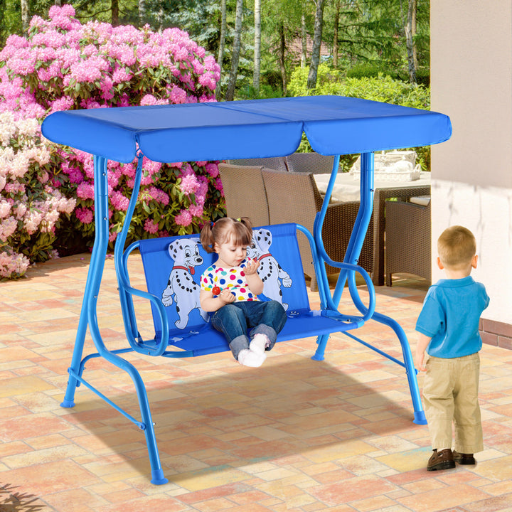 Kids Patio Porch Bench Swing w/ Safety Belt Canopy Outdoor Furniture Blue Image 4