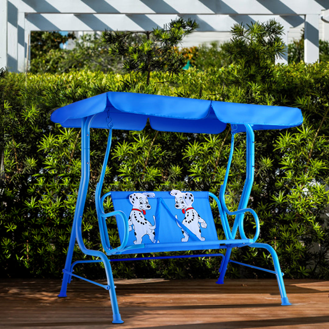 Kids Patio Porch Bench Swing w/ Safety Belt Canopy Outdoor Furniture Blue Image 5