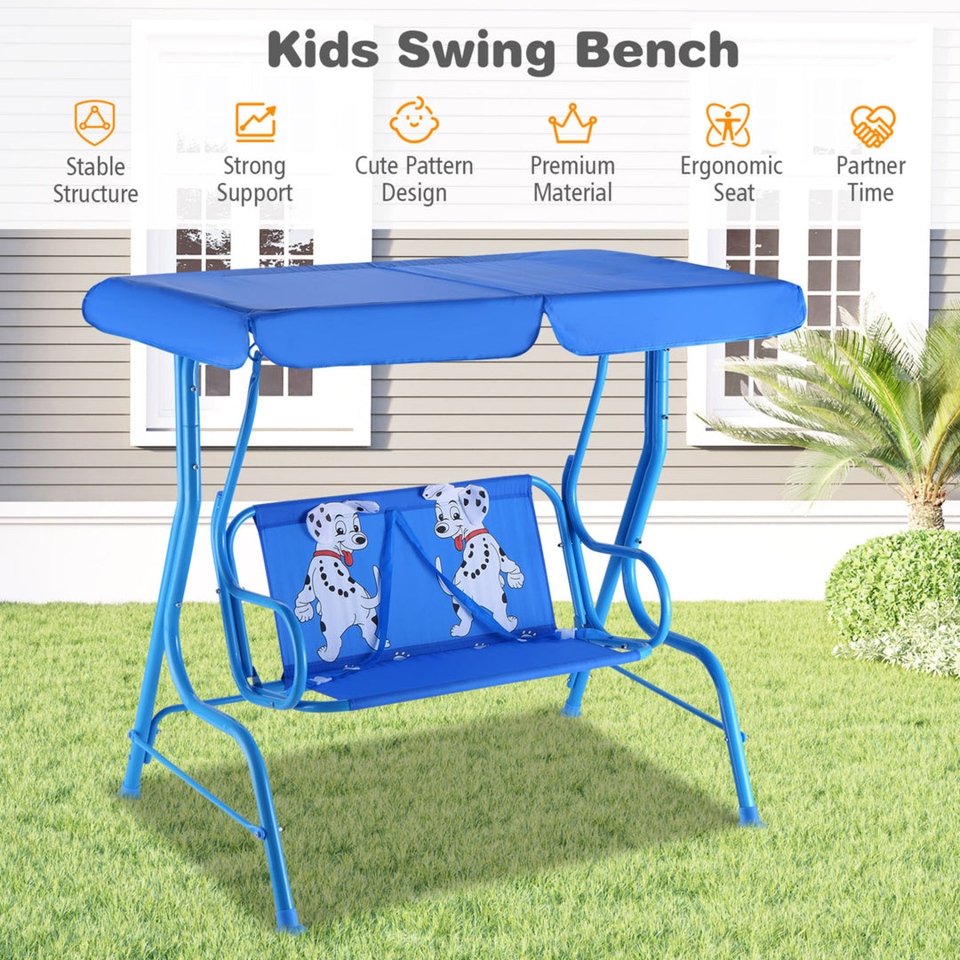 Kids Patio Porch Bench Swing w/ Safety Belt Canopy Outdoor Furniture Blue Image 6