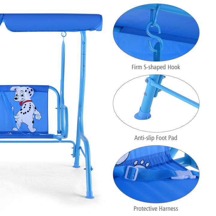 Kids Patio Porch Bench Swing w/ Safety Belt Canopy Outdoor Furniture Blue Image 9