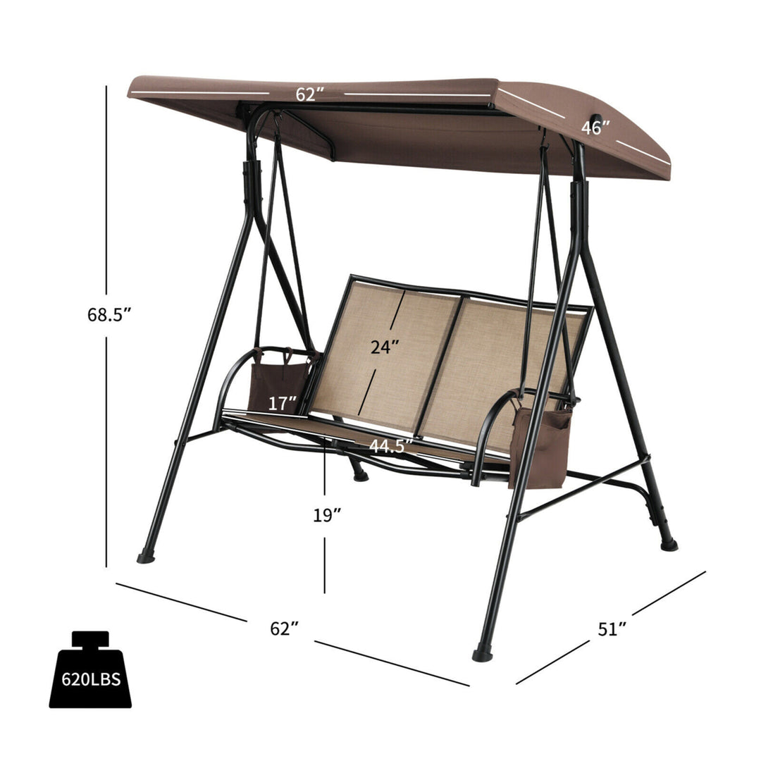 2-Person Adjustable Canopy Swing Chair Patio Outdoor w/ 2 Storage Pockets Image 2