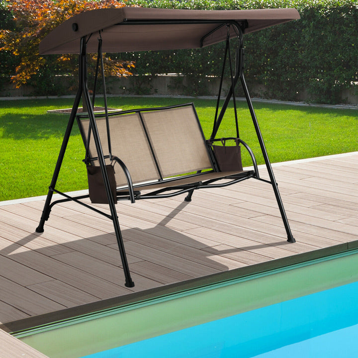 2-Person Adjustable Canopy Swing Chair Patio Outdoor w/ 2 Storage Pockets Image 3