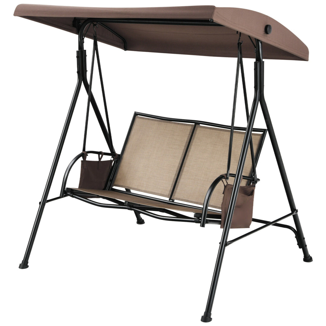 2-Person Adjustable Canopy Swing Chair Patio Outdoor w/ 2 Storage Pockets Image 6