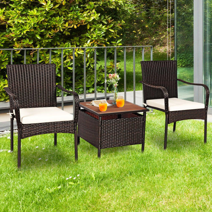 3PCS Outdoor Patio Bistro Set PE Rattan Conversation Set w/ Umbrella Hole Image 10