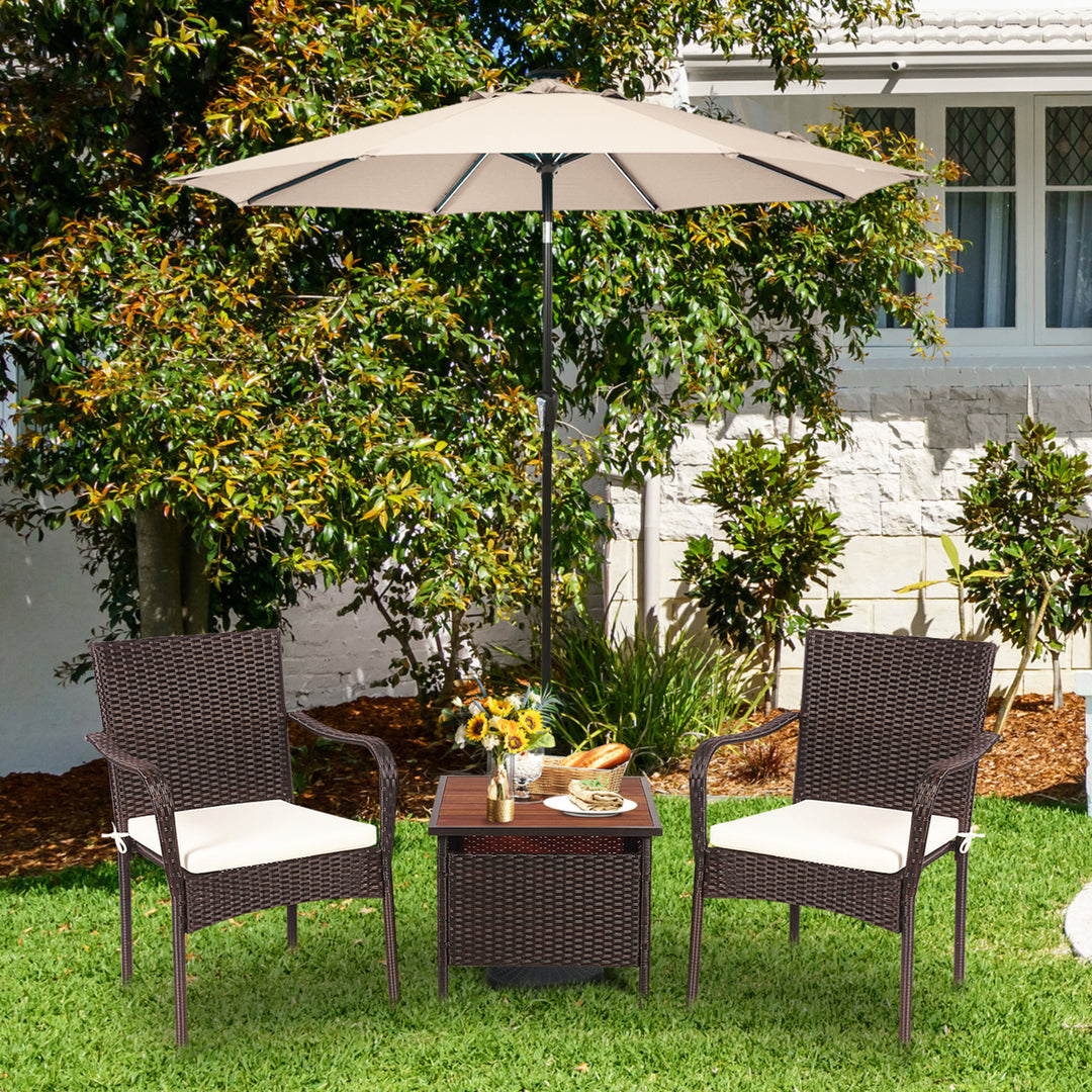 3PCS Outdoor Patio Bistro Set PE Rattan Conversation Set w/ Umbrella Hole Image 4