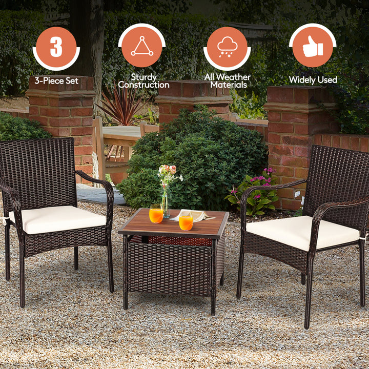 3PCS Outdoor Patio Bistro Set PE Rattan Conversation Set w/ Umbrella Hole Image 5