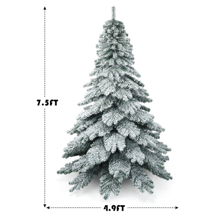 7.5ft Artificial Christmas Tree Snow Flocked Hinged Pine Tree w/ Metal Stand Image 2