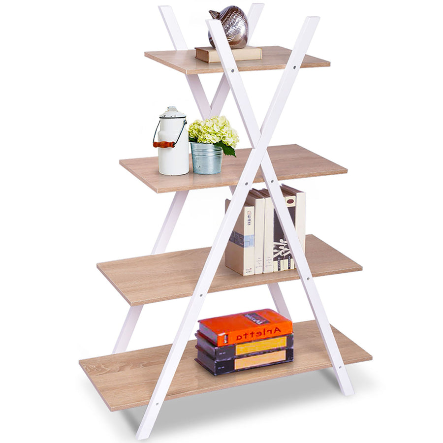 Costway 4-Tier Bookshelf Storage Display Shelves Bookcase Ladder X-Shape Brown/Black Image 1