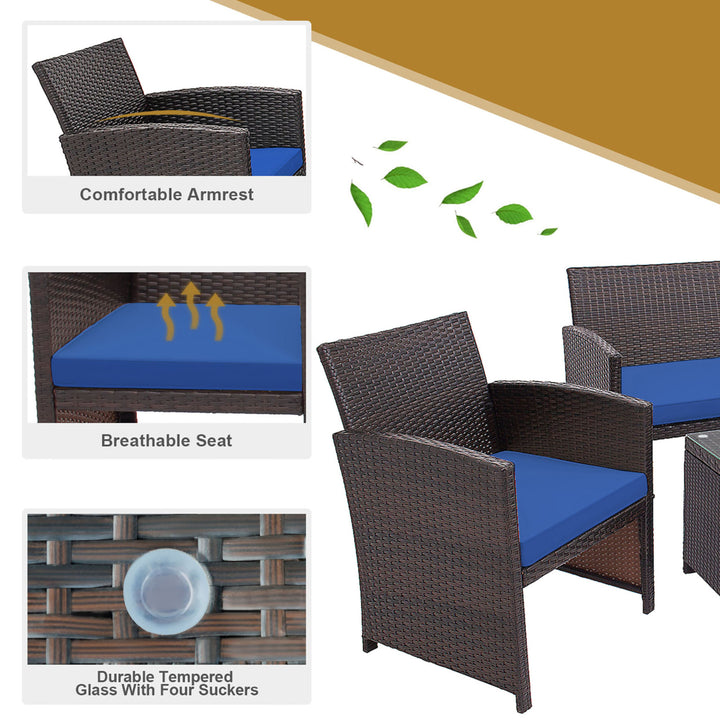 4PCS Patio Conversation Set Outdoor Rattan Furniture Set w/ Navy Cushions Image 2