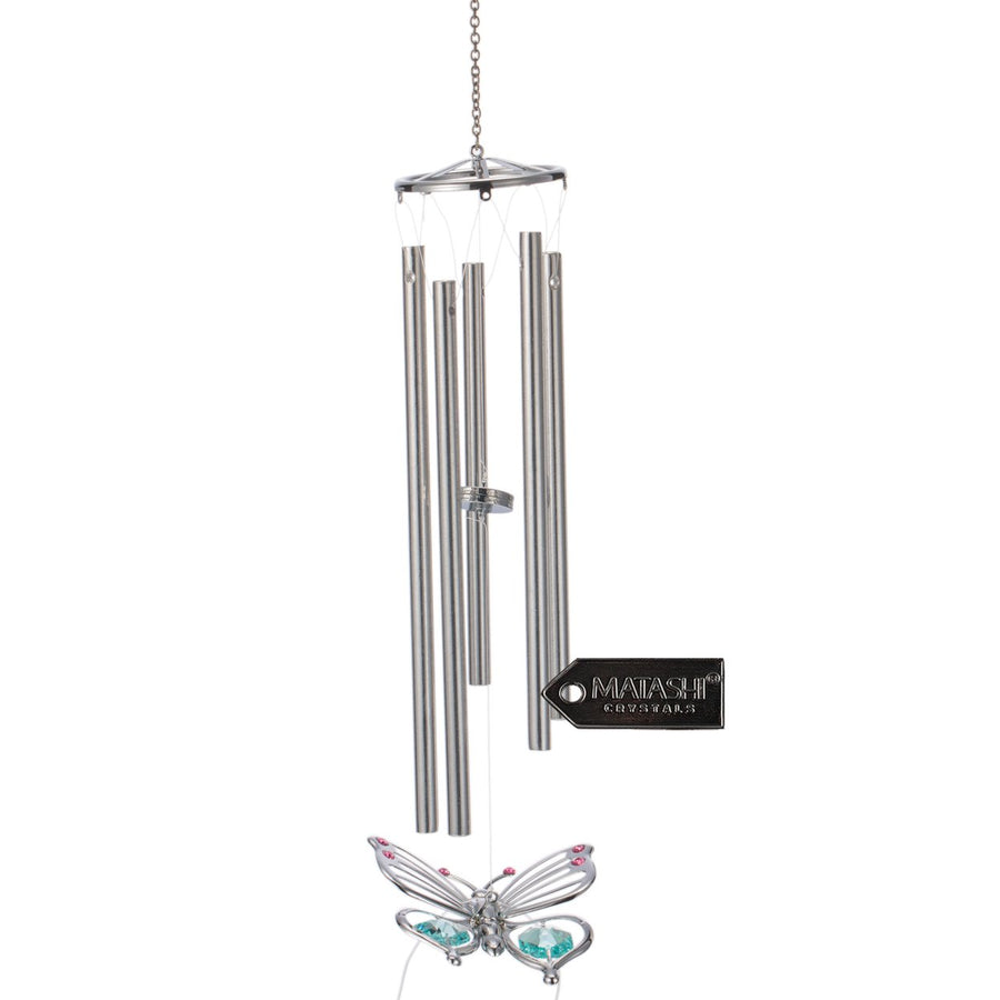 Matashi Chrome Plated Silver Color Butterfly Decorative Wind Chime with Crystals Image 1