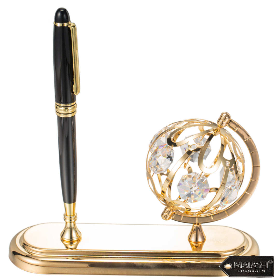 Highly Polished 24K Gold Plated Executive Desk Set With Pen and Globe Ornament by Matashi Image 1