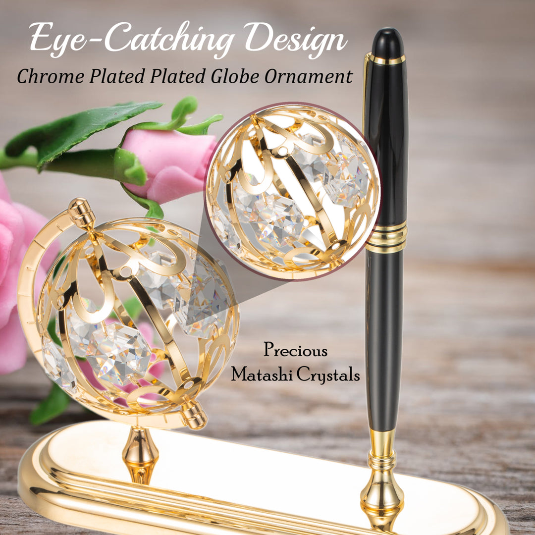 Highly Polished 24K Gold Plated Executive Desk Set With Pen and Globe Ornament by Matashi Image 4