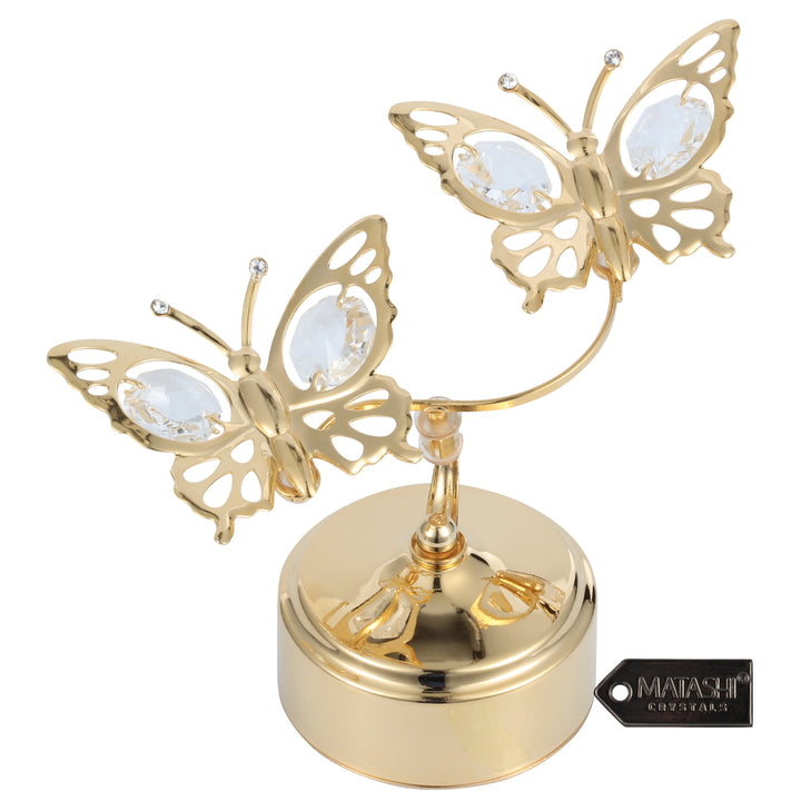 Matashi 24K Gold Plated Music Box with Crystal Studded Double Butterfly Figurine - Memory Image 1