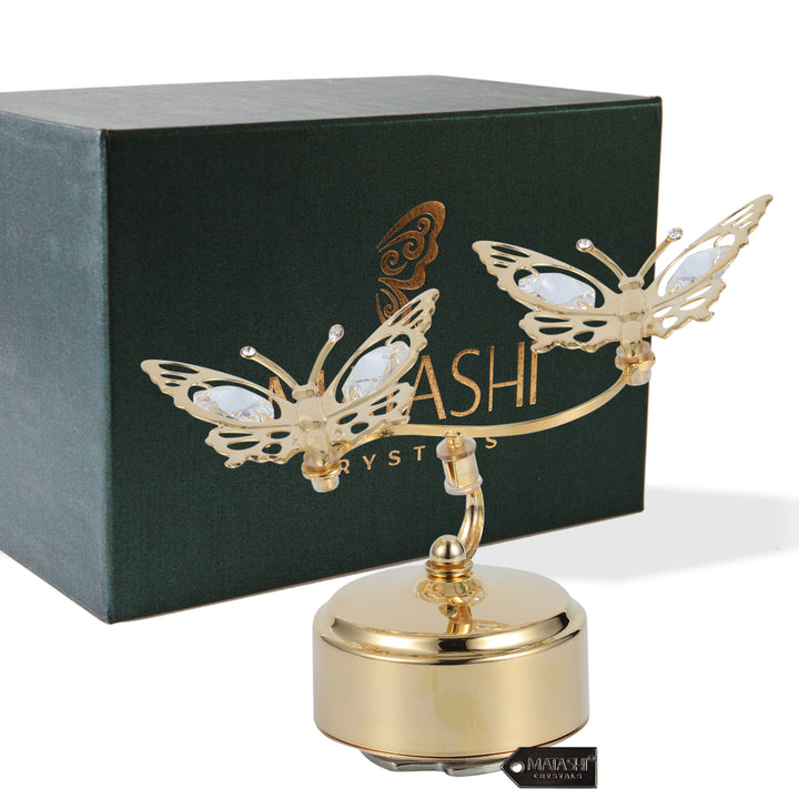 Matashi 24K Gold Plated Music Box with Crystal Studded Double Butterfly Figurine - Memory Image 2