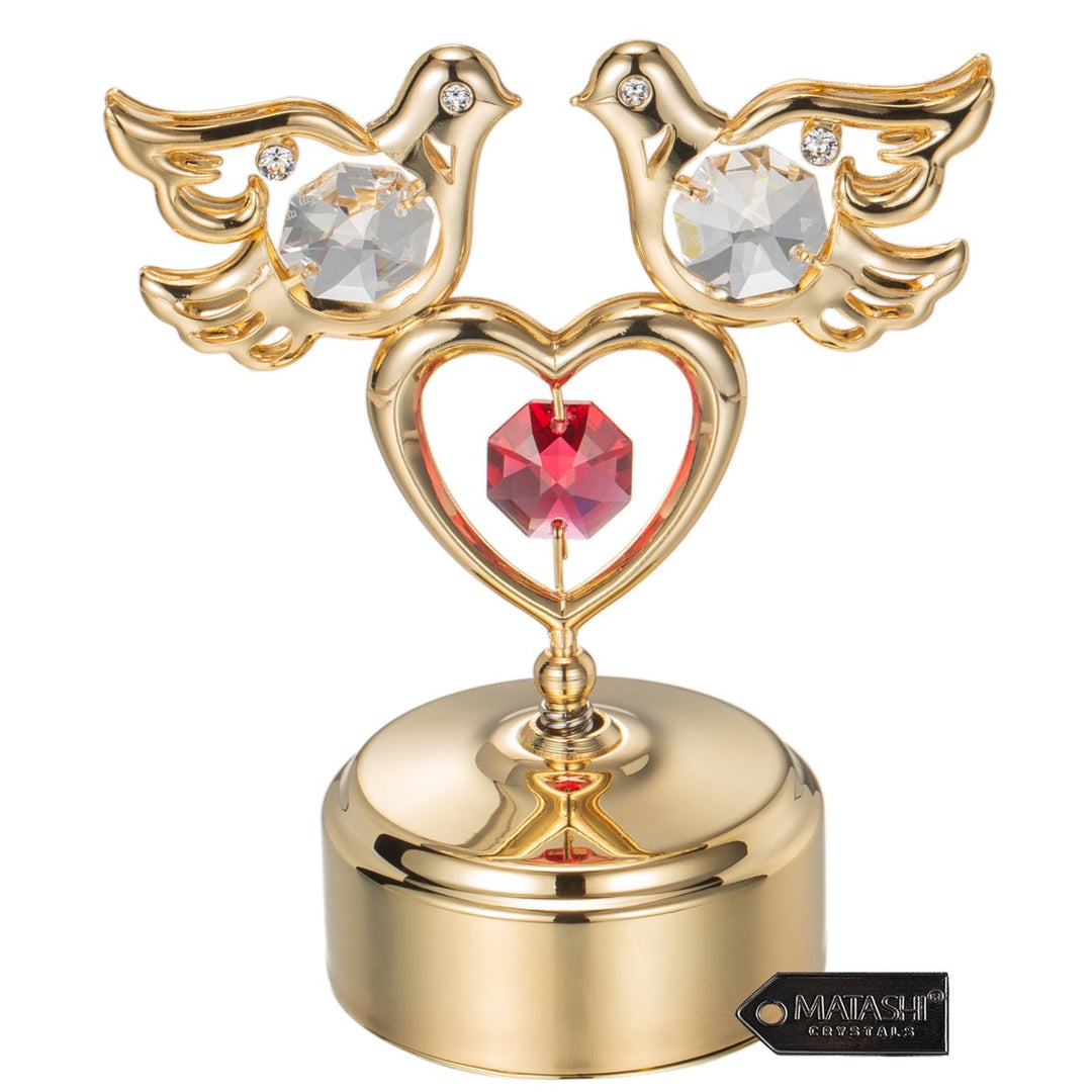 24K Gold Plated Music Box with Clear Crystal Studded Love Doves Red Crystal Studded Heart Figurine on a Smooth Base by Image 1