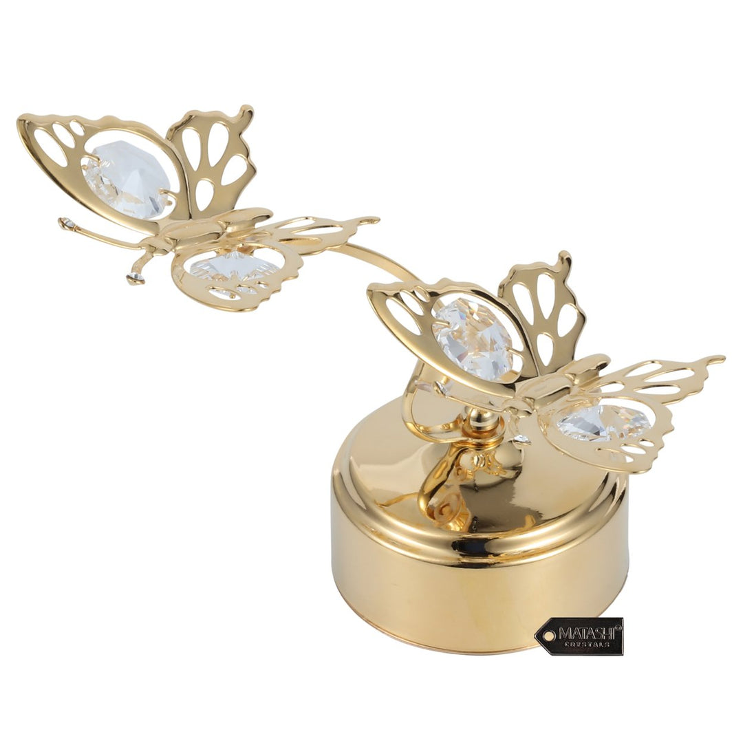 Matashi 24K Gold Plated Music Box with Crystal Studded Double Butterfly Figurine - Memory Image 3