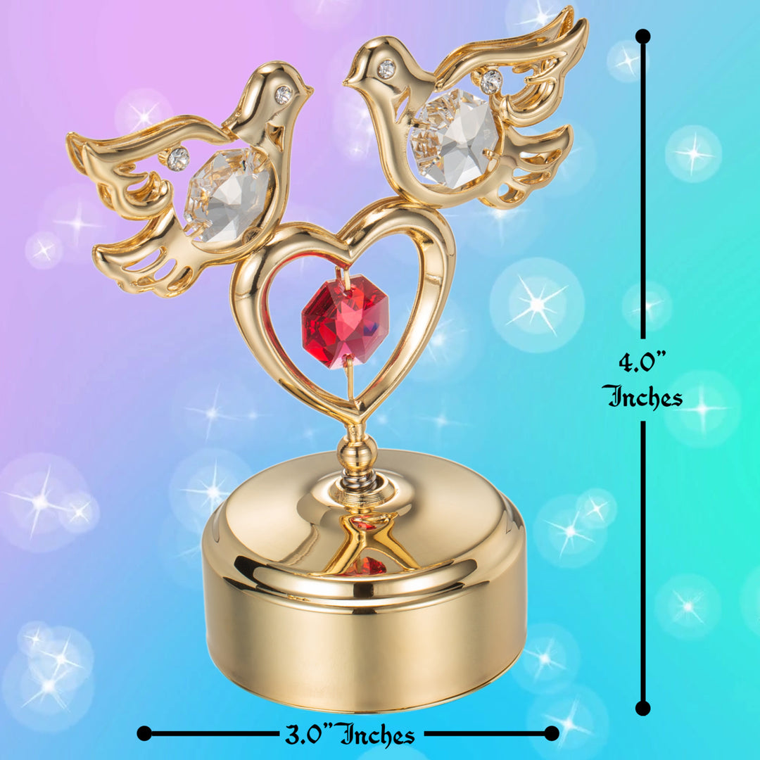 24K Gold Plated Music Box with Clear Crystal Studded Love Doves Red Crystal Studded Heart Figurine on a Smooth Base by Image 2