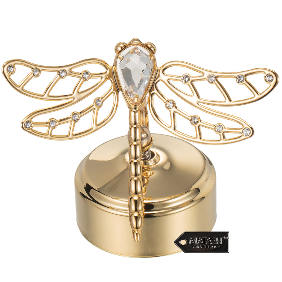 Matashi 24K Gold Plated Music Box Plays You Are My Sunshine w/ Crystals Studded Dragonfly Figurine Tabletop Showpiece Image 1