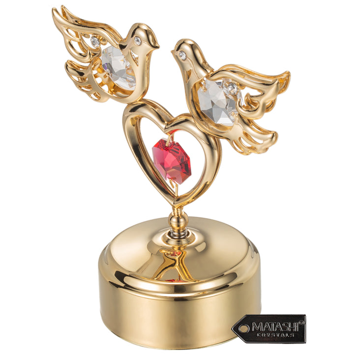 24K Gold Plated Music Box with Clear Crystal Studded Love Doves Red Crystal Studded Heart Figurine on a Smooth Base by Image 3