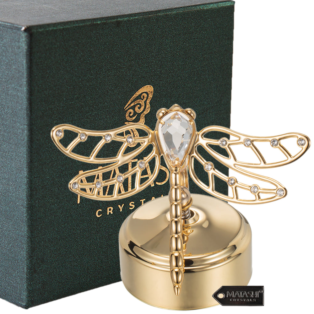 Matashi 24K Gold Plated Music Box Plays You Are My Sunshine w/ Crystals Studded Dragonfly Figurine Tabletop Showpiece Image 2