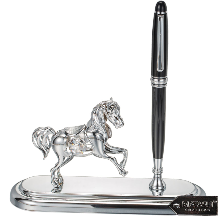 Matashi Chrome Plated Executive Desk Set With Pen and Silver Horse Ornament Image 1