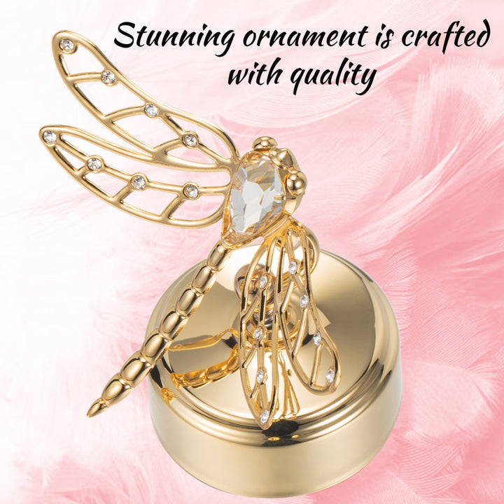 Matashi 24K Gold Plated Music Box Plays You Are My Sunshine w/ Crystals Studded Dragonfly Figurine Tabletop Showpiece Image 4