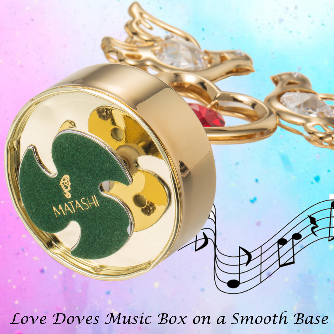 24K Gold Plated Music Box with Clear Crystal Studded Love Doves Red Crystal Studded Heart Figurine on a Smooth Base by Image 5