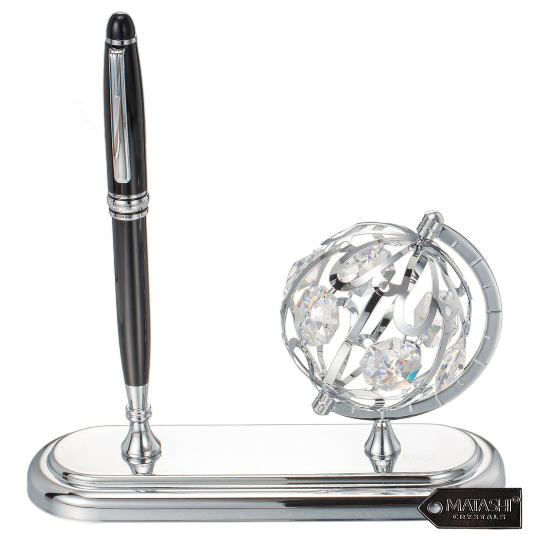 Matashi Highly Polished Chrome Plated Executive Globe Pen Desk Set Image 1