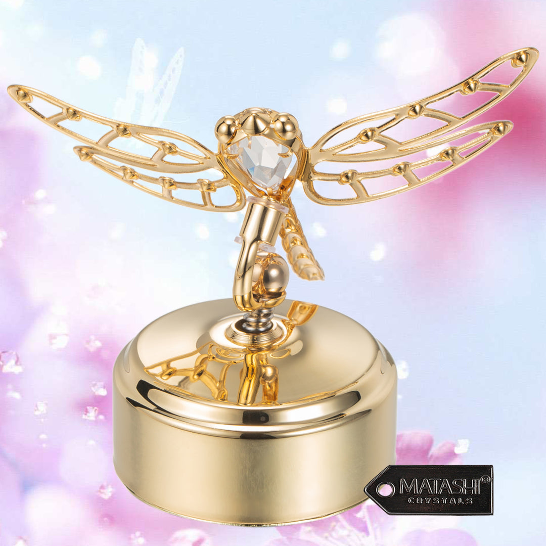 Matashi 24K Gold Plated Music Box Plays You Are My Sunshine w/ Crystals Studded Dragonfly Figurine Tabletop Showpiece Image 7