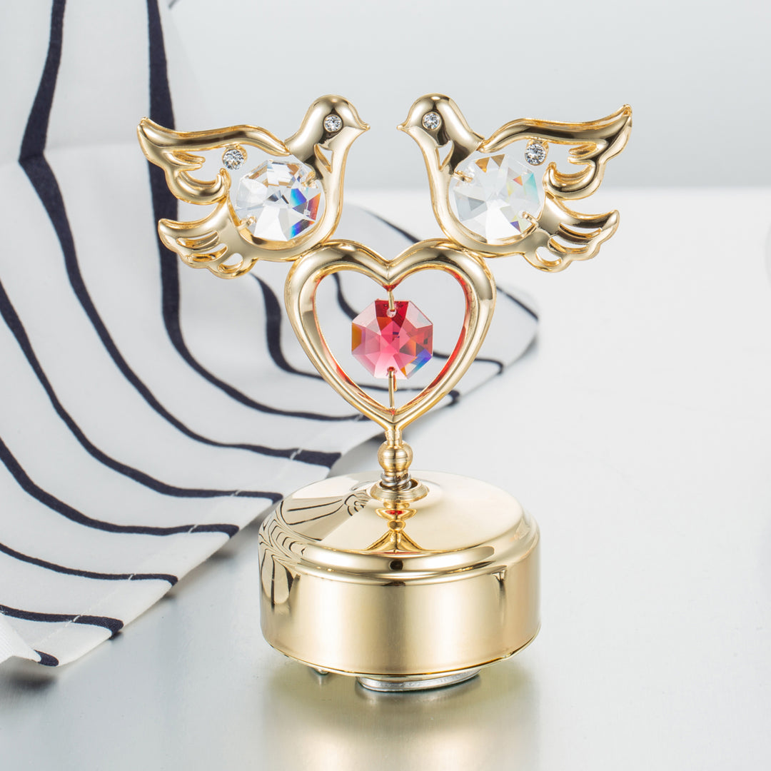 24K Gold Plated Music Box with Clear Crystal Studded Love Doves Red Crystal Studded Heart Figurine on a Smooth Base by Image 6