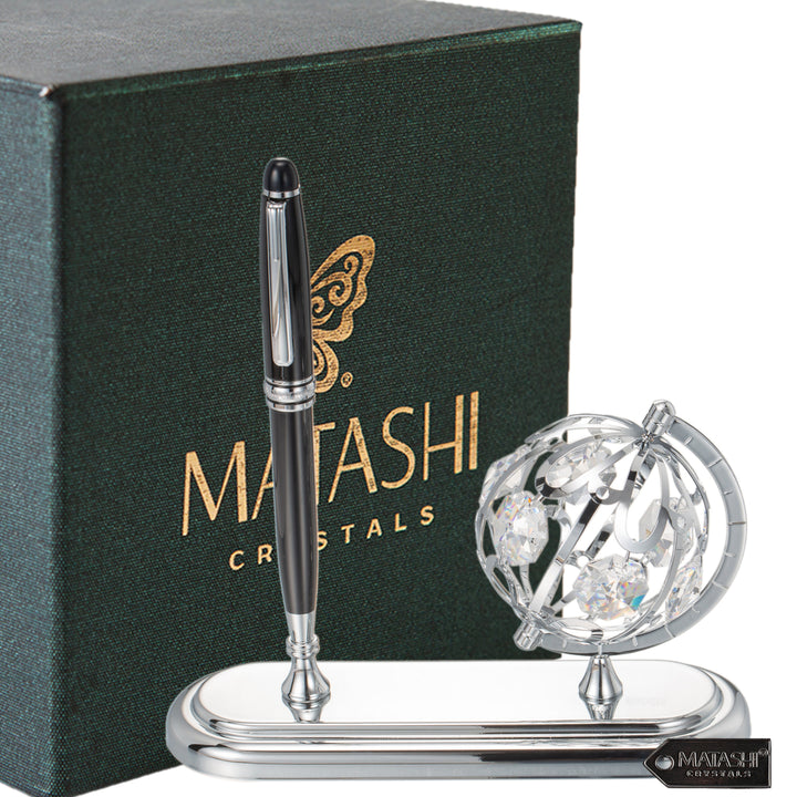 Matashi Highly Polished Chrome Plated Executive Globe Pen Desk Set Image 2