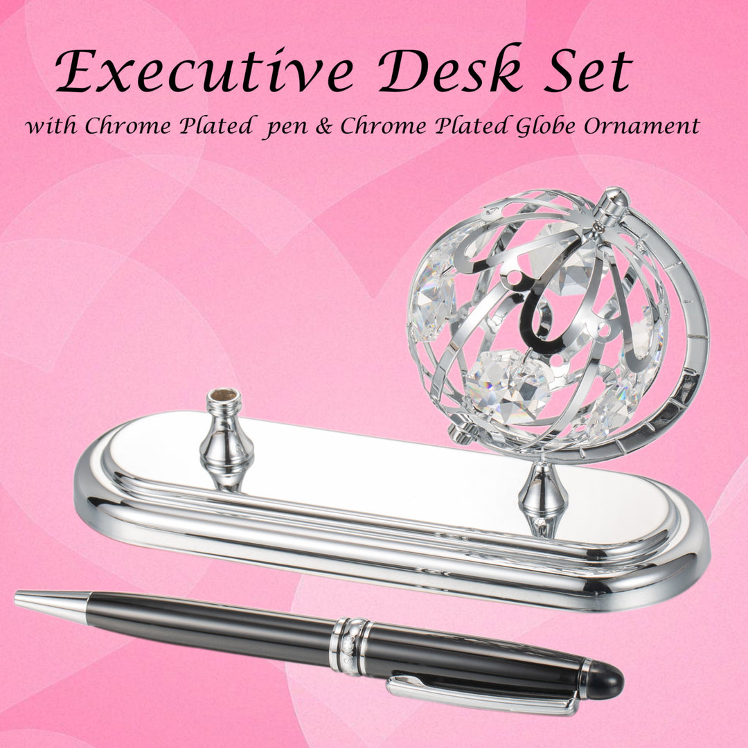 Matashi Highly Polished Chrome Plated Executive Globe Pen Desk Set Image 6