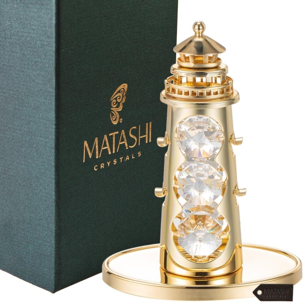 24K Gold Plated Crystal Studded Lighthouse Ornament with Clear Crystals by Matashi Image 1