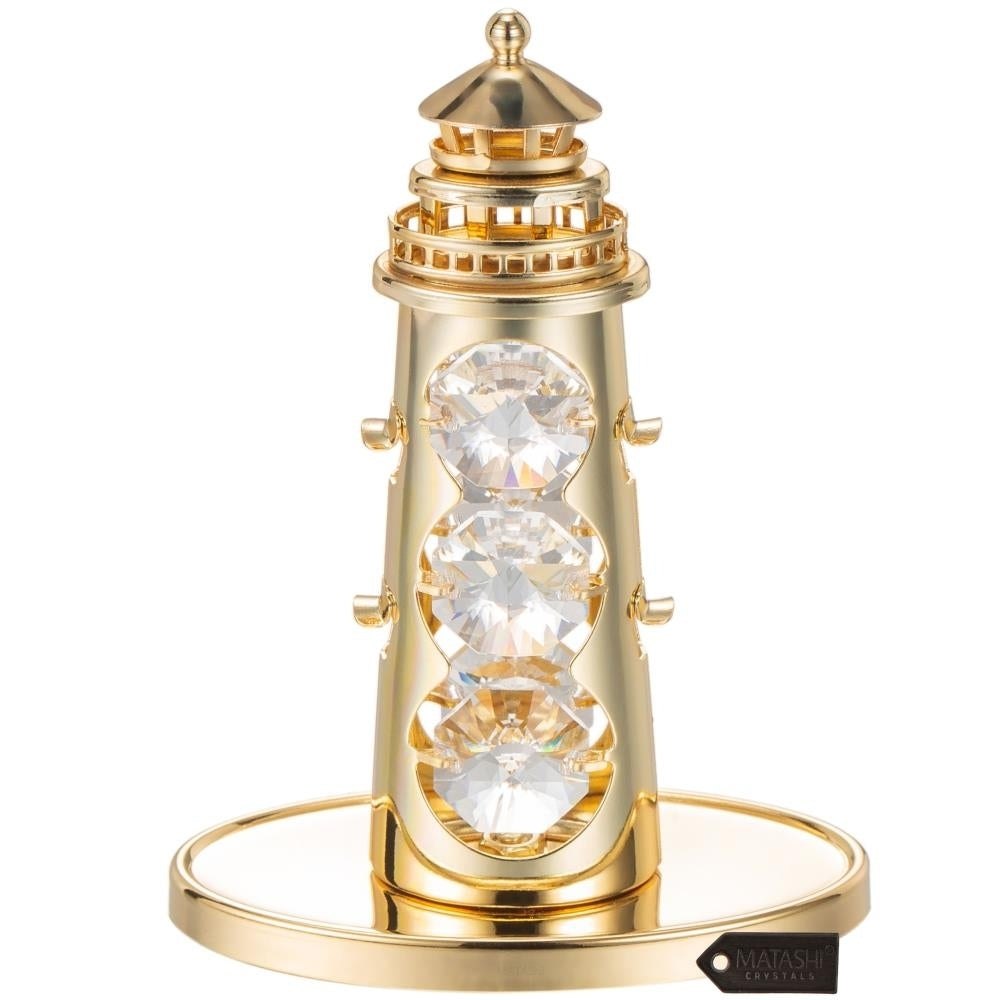 24K Gold Plated Crystal Studded Lighthouse Ornament with Clear Crystals by Matashi Image 2