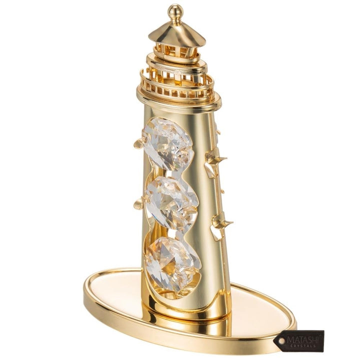 24K Gold Plated Crystal Studded Lighthouse Ornament with Clear Crystals by Matashi Image 3